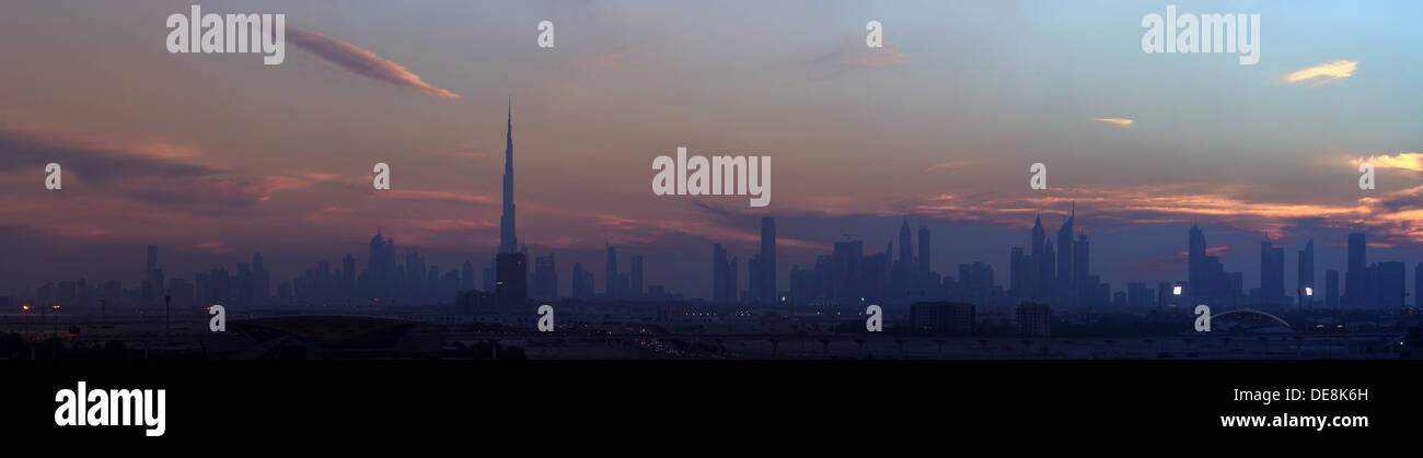 Dubai, United Arab Emirates, the panoramic skyline at dusk Stock Photo