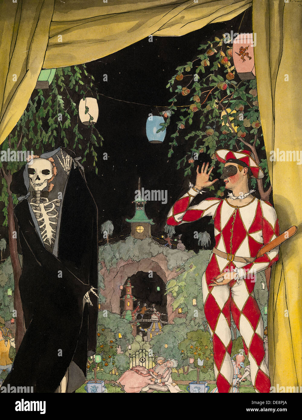 Harlequin and Death, 1918. Artist: Somov, Konstantin Andreyevich (1869-1939) Stock Photo