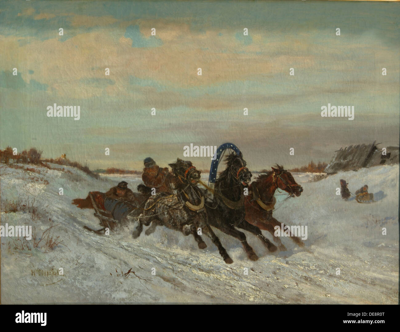 Troika on a Winter Road, End 1860s-Early 1870s. Artist: Sverchkov, Nikolai Yegorovich (1817-1898) Stock Photo
