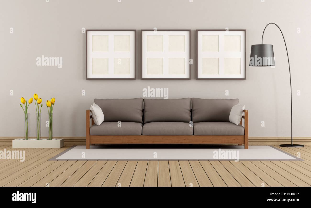 Modern lounge with wooden sofa on carpet rendering Stock Photo Alamy