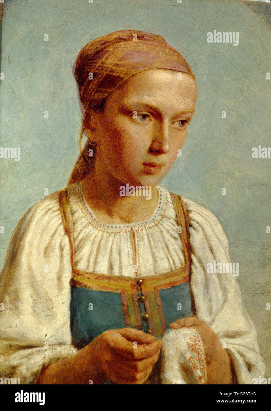 Embroidery Country Girl, 1843. Artist: Venetsianov, Alexei Gavrilovich (1780-1847) Stock Photo
