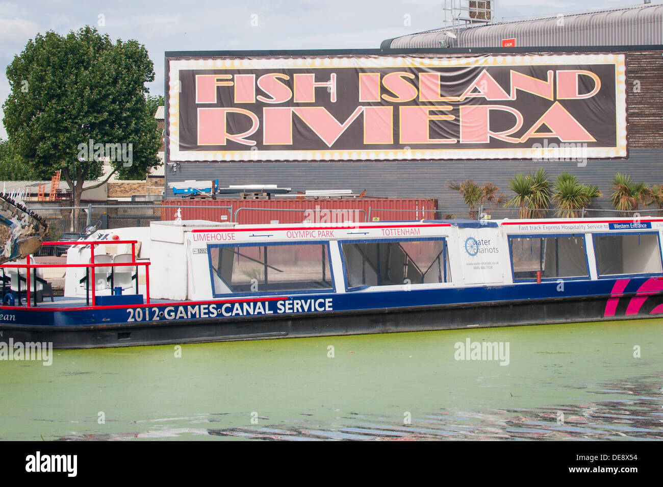 East End London Fish Island Riviera Hackney Wick Cut River Lee Old Ford Lock Hertford Union Canal 2012 Olympics fast track Water Charriots taxi barge Stock Photo