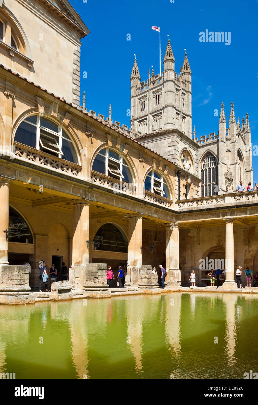 The Roman Baths, the great bath, the only hot springs in the UK, Bath city centre north east Somerset England UK GB EU Europe Stock Photo