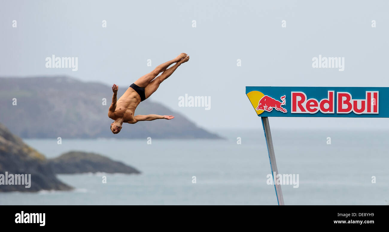 St Davids, Wales. 13th Sep, 2013. Kris Kolanus of Poland (POL) dives during Round 1 on day 1 of the Red Bull Cliff Diving World Series from the Blue Lagoon, Pembrokeshire, Wales. This is the sixth stop of the 2013 World Series and only the second time the event has visited the UK. The competitors perform dives into the sea from a specially constructed 27 metre high platform. Credit:  Action Plus Sports/Alamy Live News Stock Photo