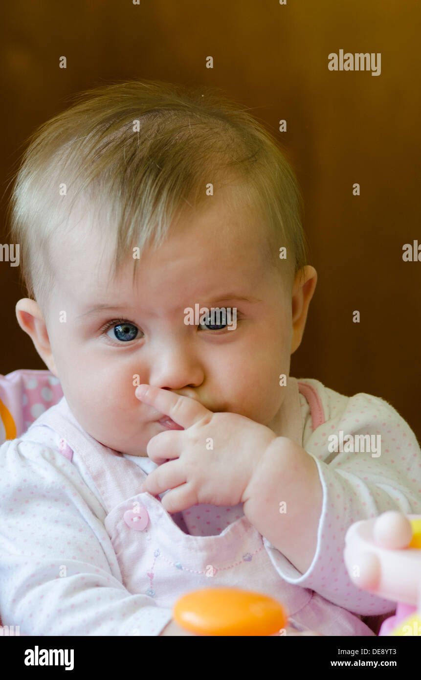 eight month old baby girl sitting in high chair with toys Stock Photo Alamy