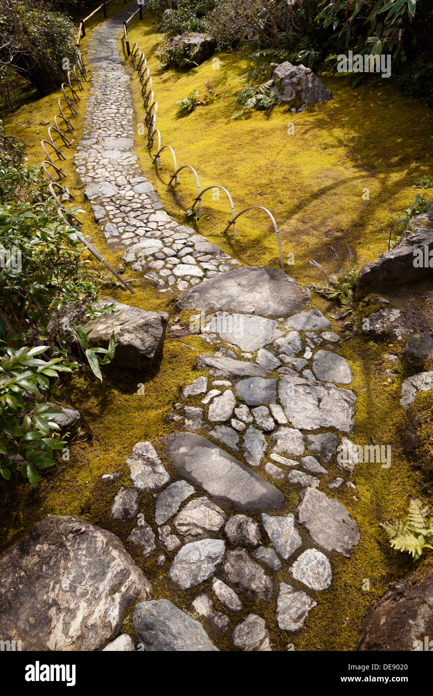 Stone path snakes through a traditional Japanese moss garden Stock Photo