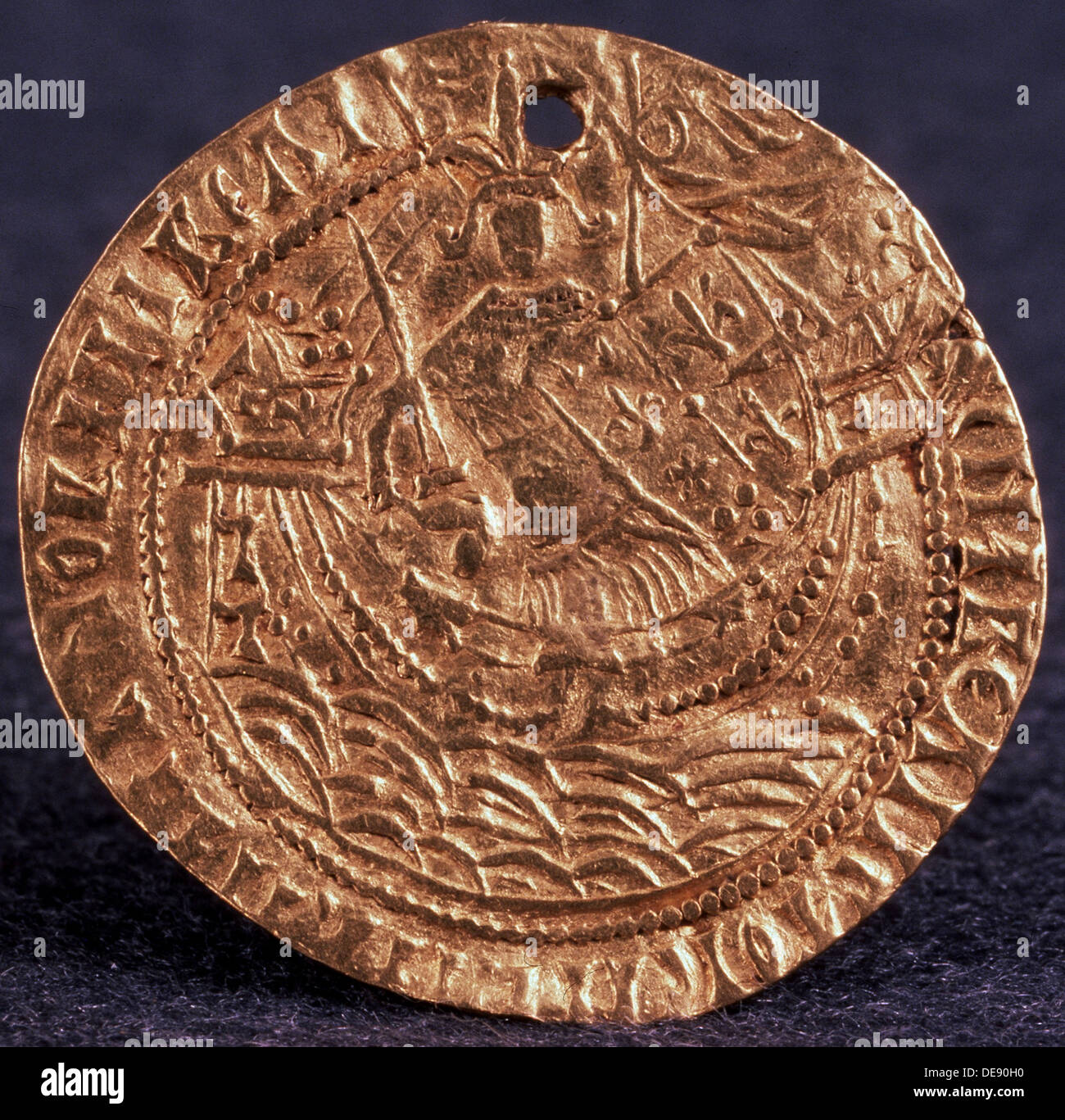 Coin (Korabelnik) of Tsar Ivan III (Reverse: Ruler on his ship), 1471-1490. Artist: Numismatic, Russian coins Stock Photo