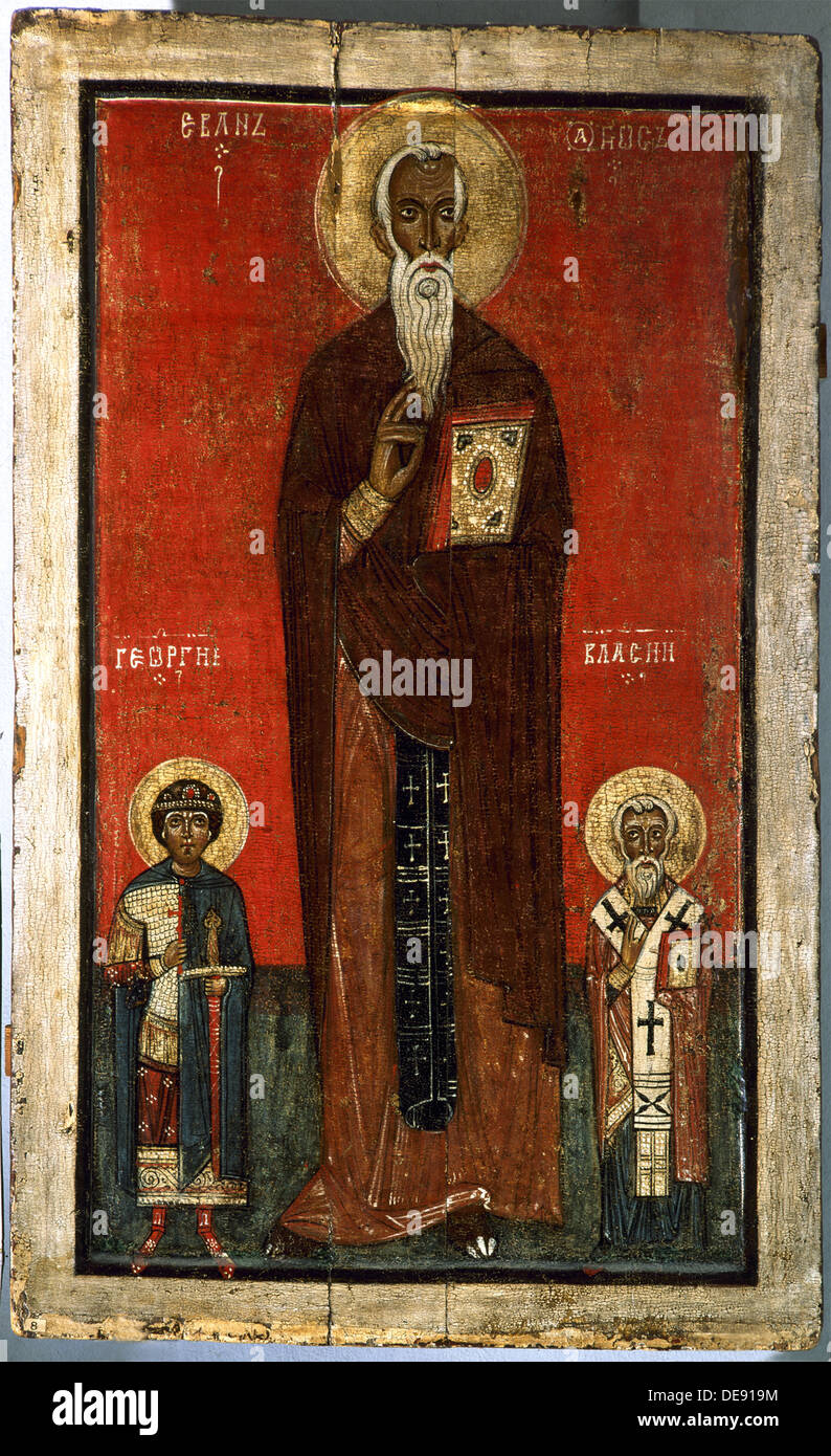 Saint John Climacus with Saint George and Saint Blaise, Second half of 13th century. Artist: Russian icon Stock Photo