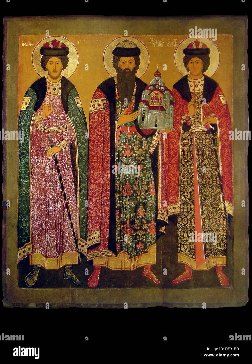 Saint Vsevolod Mstislavich, Prince of Pskov with Saints Boris and Gleb, Early 17th cen.. Artist: Russian icon Stock Photo