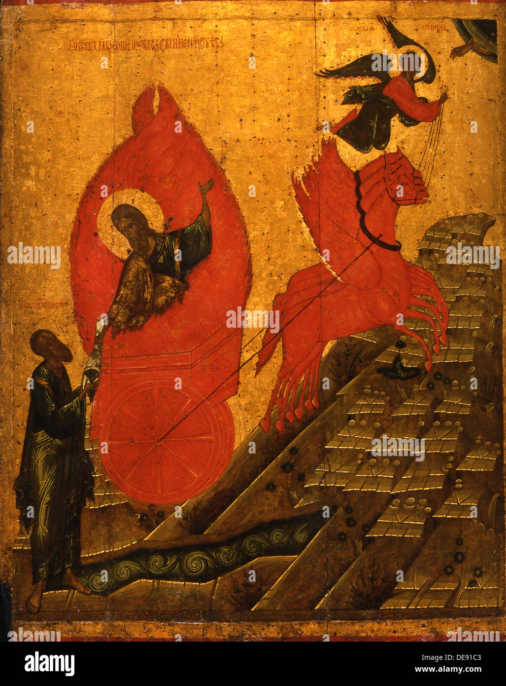 The Prophet Elijah and the Fiery Chariot, Early16th cen.. Artist: Russian icon Stock Photo
