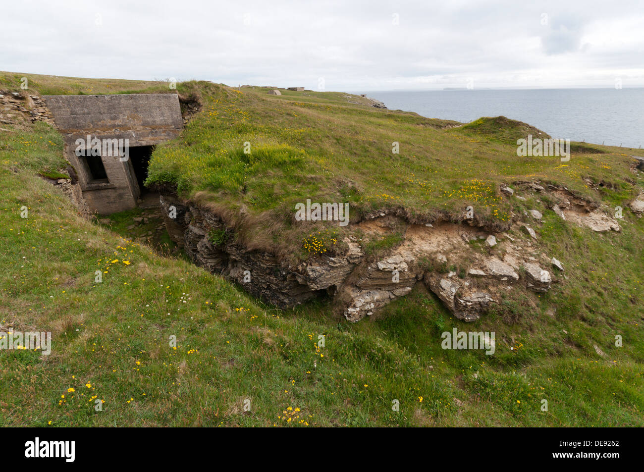 A WWI ammunition magazine; part of the remains of coastal defences at the Hoxa Head Battery on South Ronaldsay, Orkney. Stock Photo