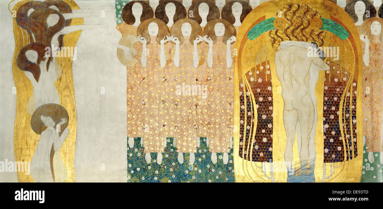 The Beethoven Frieze, Detail: The Arts, Chorus of Paradise, Embrace, 1902. Artist: Klimt, Gustav (1862-1918) Stock Photo