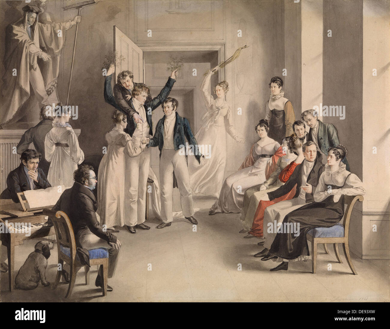 Franz Schubert (1797-1828). Party game of the Schubertians in Atzenbrugg, 1821. Artist: Kupelwieser, Leopold (1796-1862) Stock Photo