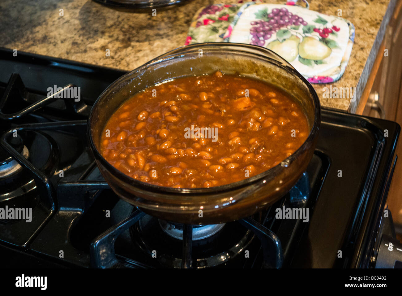 Homemade baked beans ready for the oven. USA. Stock Photo