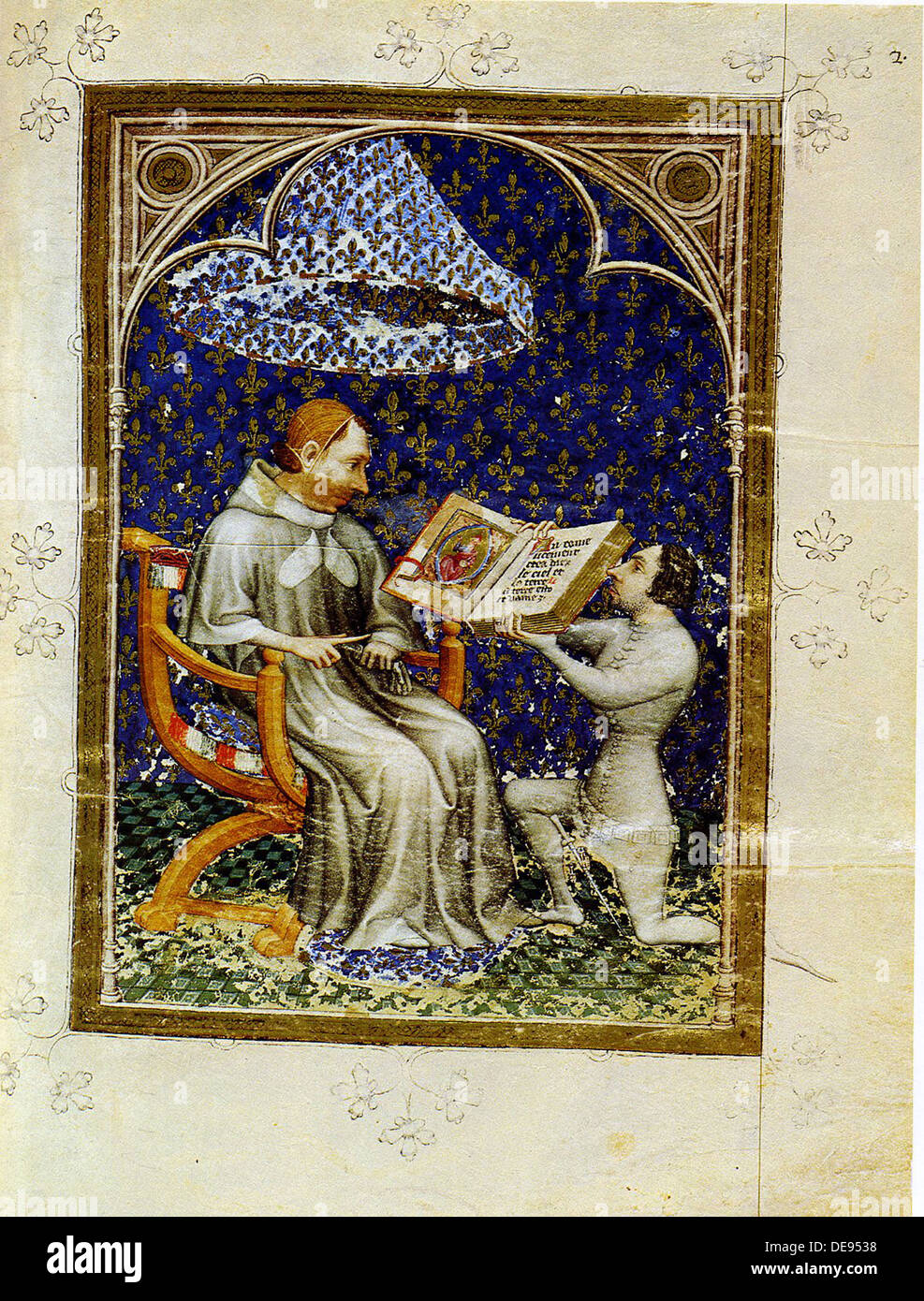 Jean de Vaudetar presents his gift of a book to Charles V of France. (From the Bible historiale of Jean de Vaudetar), 1372. Artist: Bondol, Jan (activ Stock Photo