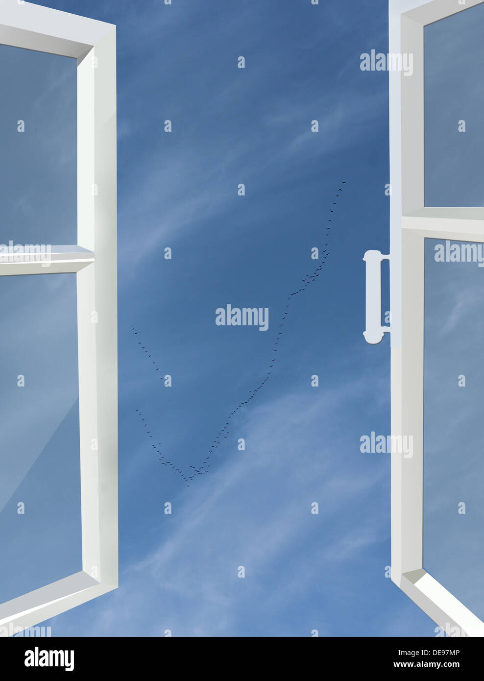 opened window to the blue heaven with white clouds Stock Photo - Alamy