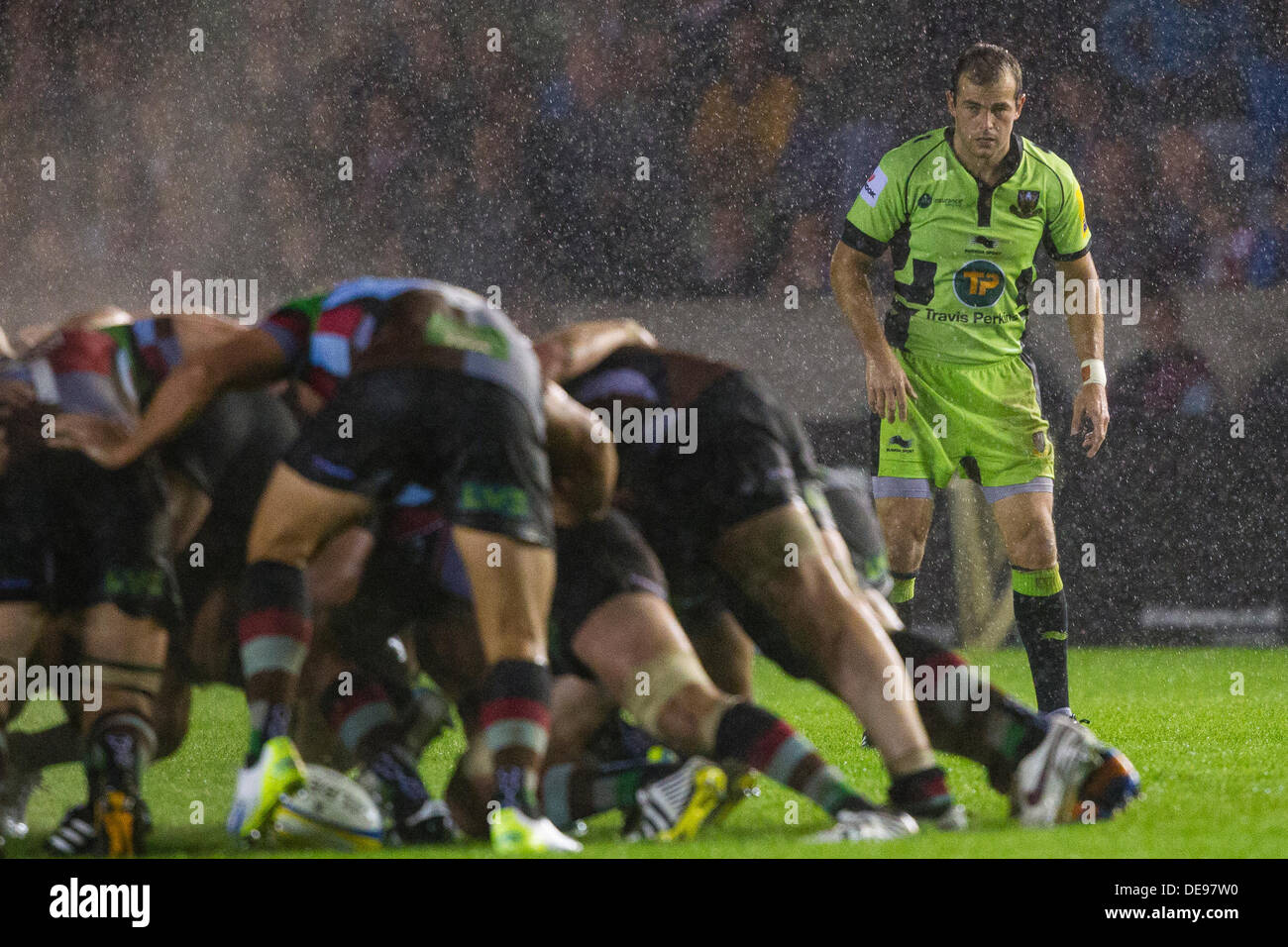 LONDON, UK - Friday 13th September 2013. Northampton Saints' fly-half Stephen Myler looks on during a scrum. Action during the Aviva Premiership match played at Twickenham Stoop, London Credit:  Graham Wilson/Alamy Live News Stock Photo