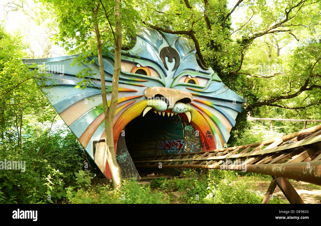An old roller coaster in the abandoned Spreepark in East Berlin, Germany Stock Photo