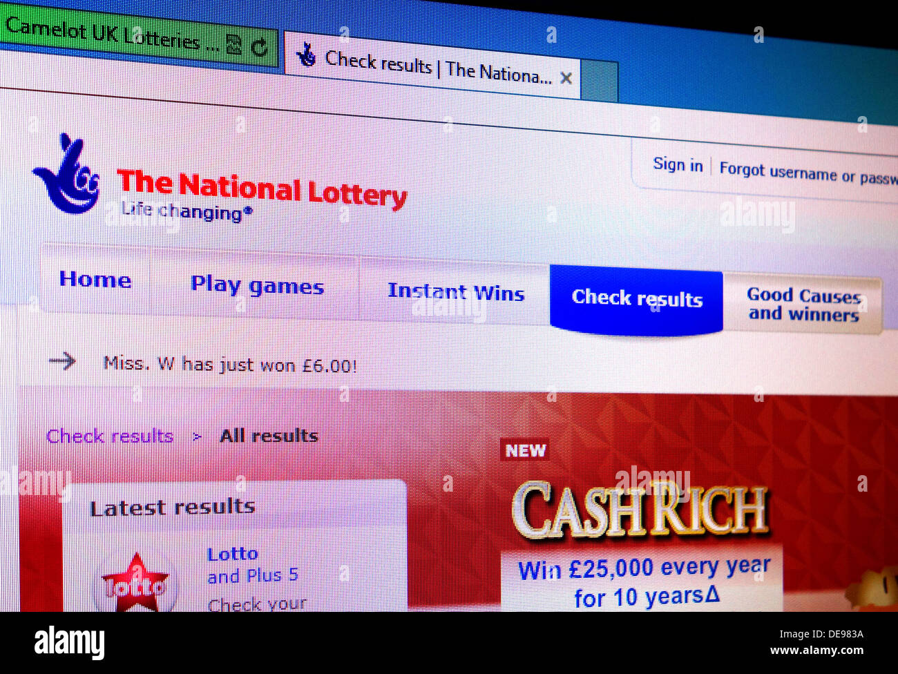 The National Lottery web site Stock Photo