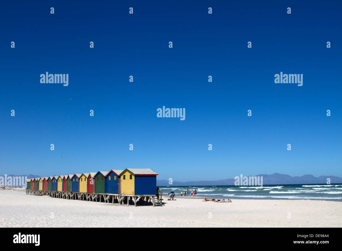 Beach huts and Muizenberg Beach, South Africa. Stock Photo