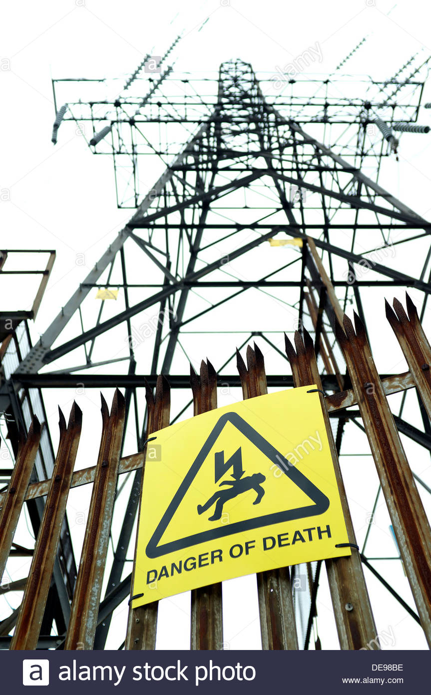 'Danger Of Death' warning sign on fence of high voltage electricity