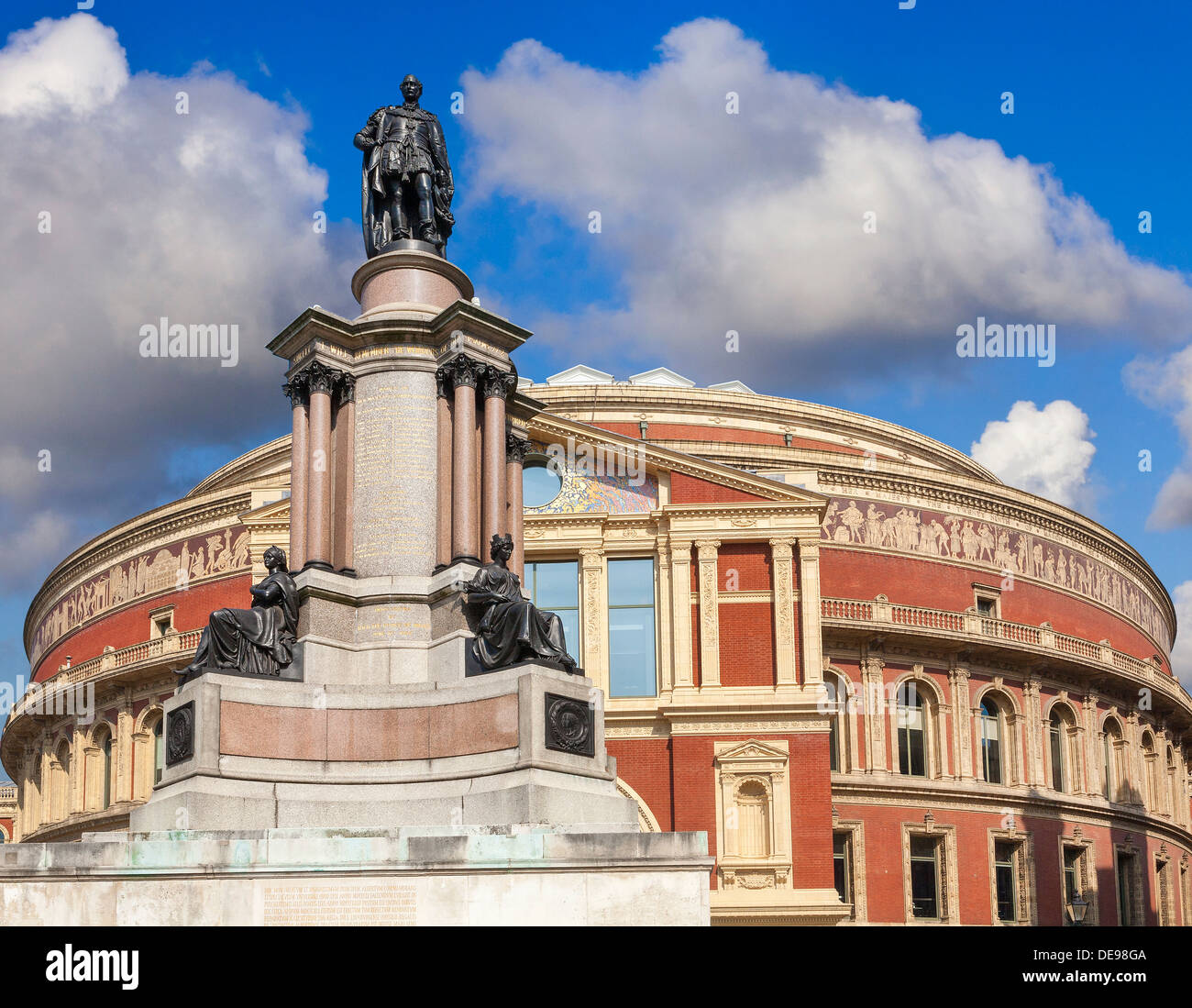 The Royal Albert Hall, London, UK, rear view from Prince Consort Road, towering statue of Prince Albert in foreground Stock Photo