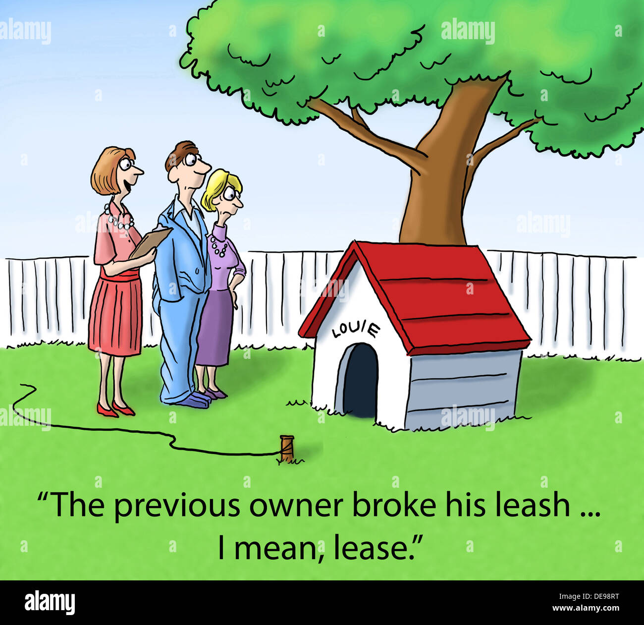 'The previous owner broke his leash ... I mean, lease.' Stock Photo