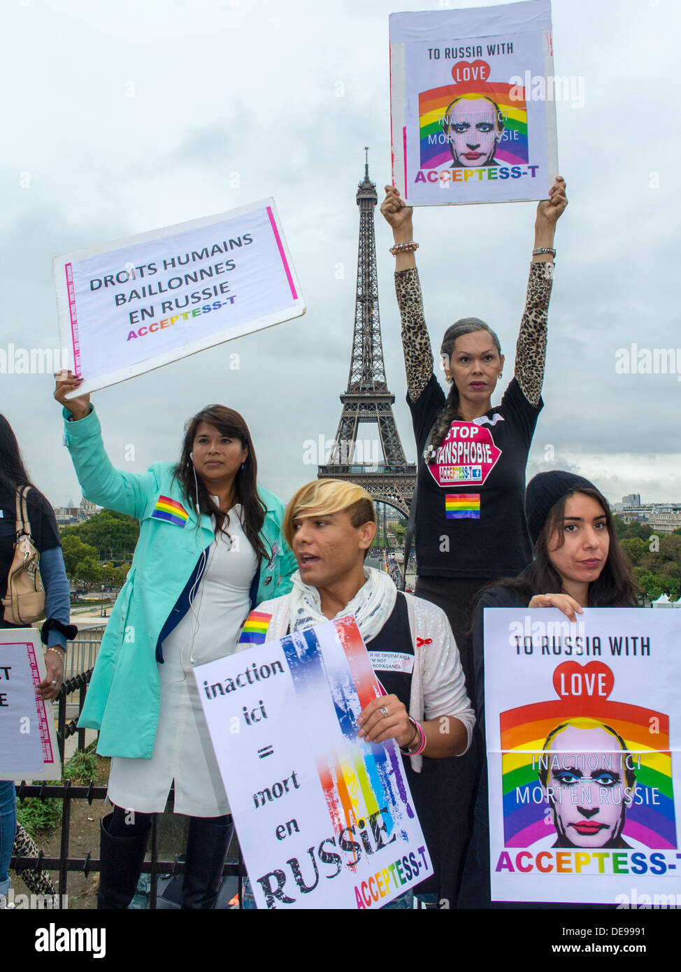Paris, France. Several LGBTQ Activism Groups (Acceptess-t) held an Anti-Homophobia Law, in Russia, Demonstration, at Rights of Man Plaza, Group Trans People, Holding French Activist  protest poster putin image, anti putin, protester in france Stock Photo