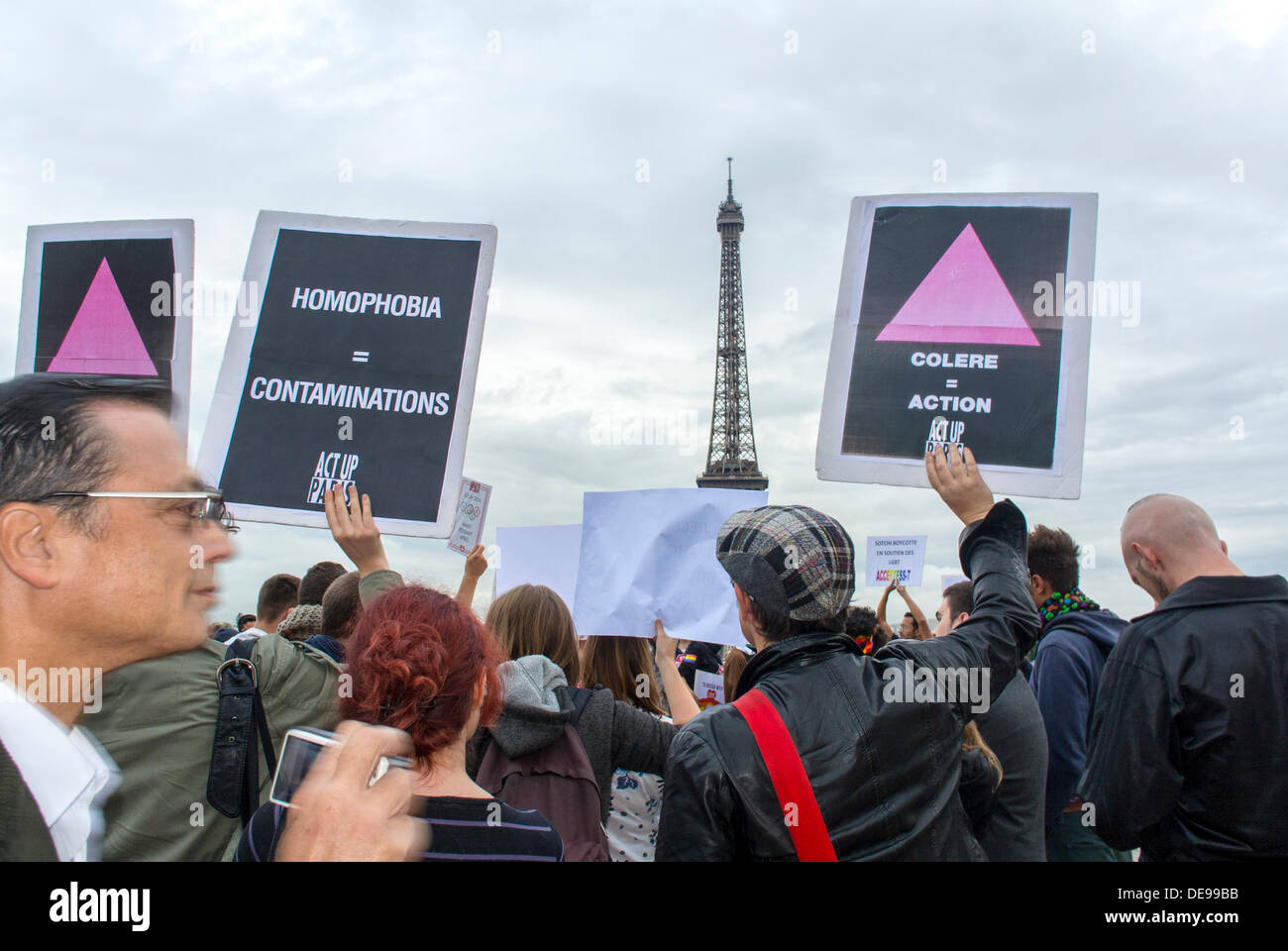 Paris, France. Several LGBT Groups (Act Up-Paris) held an Anti-Homophobia Law, in Russia, Demonstration, at Rights of Man Plaza, French protest hiv gay act up poster, gay men problem Stock Photo