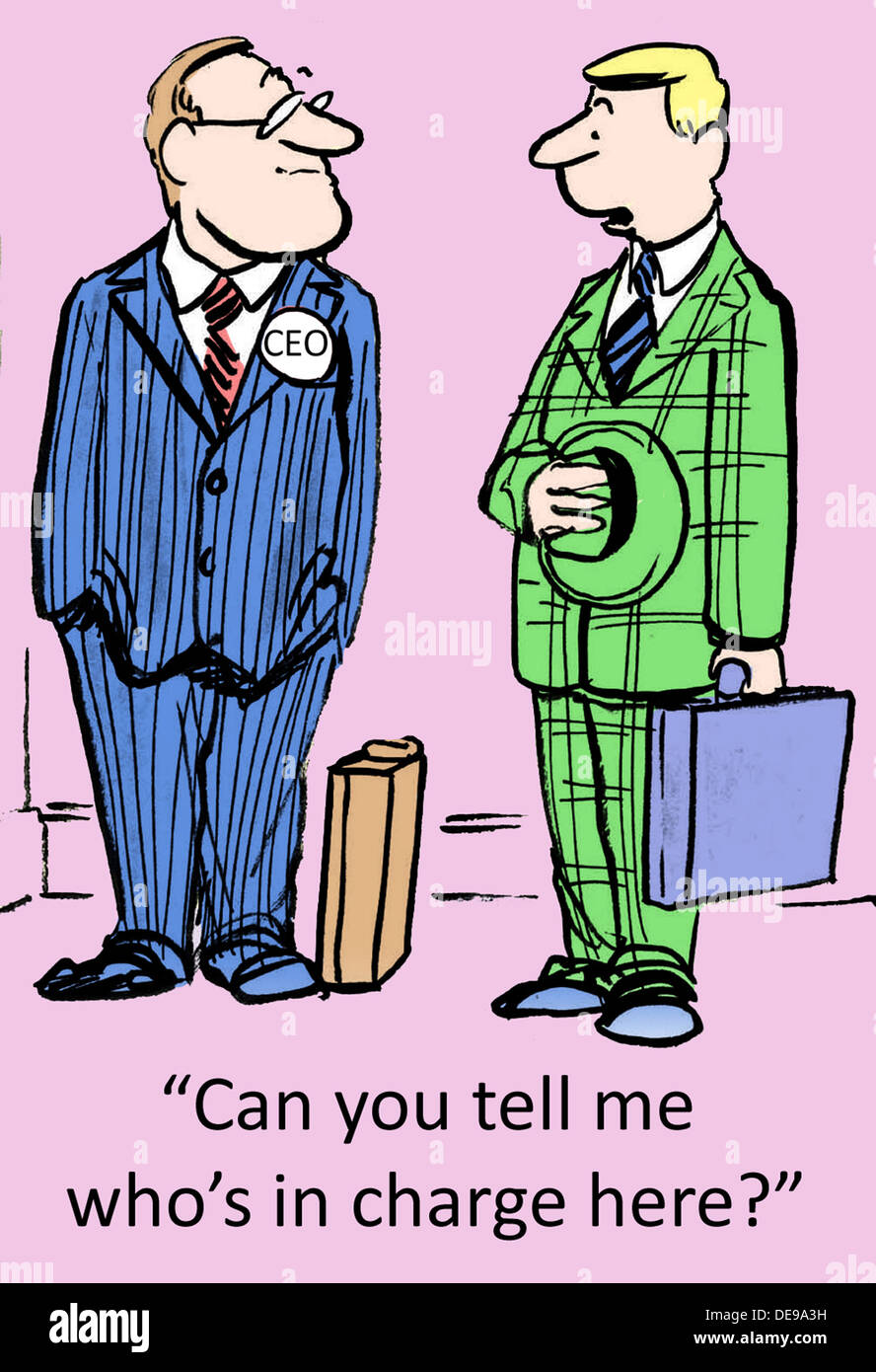 The salesman asks the CEO, "Can you tell me who's in charge here Stock