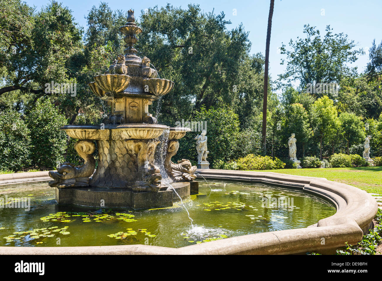 Iconic large fountain at the Huntington Library and Botanical Gardens. Stock Photo