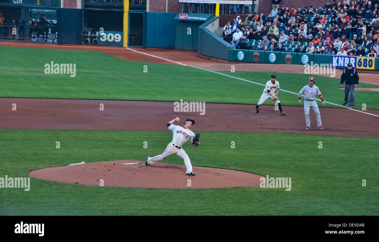 Tim Lincecum pitching for the San Francisco Giants at AT&T Park, San Francisco, California Stock Photo