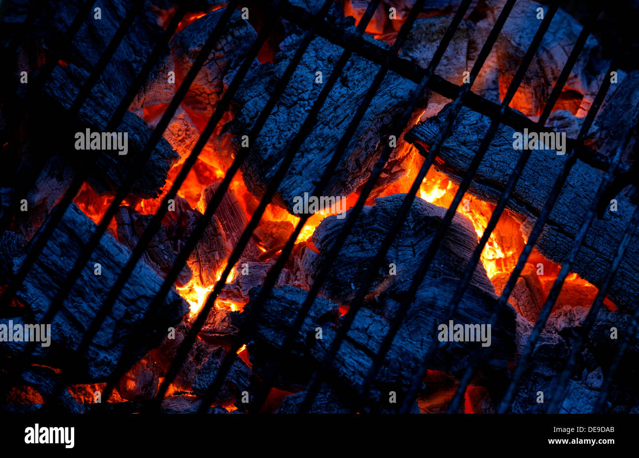 A mesquite charcoal fire burns hot in a grill in Santa Monica