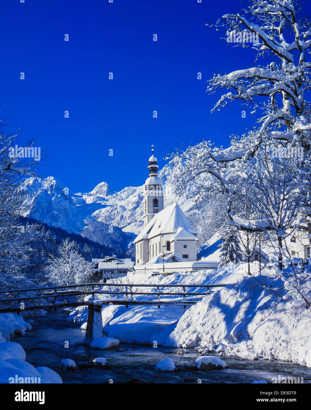 Church of Ramsau in the winter, Berchtesgaden, Bavaria, Germany Stock Photo