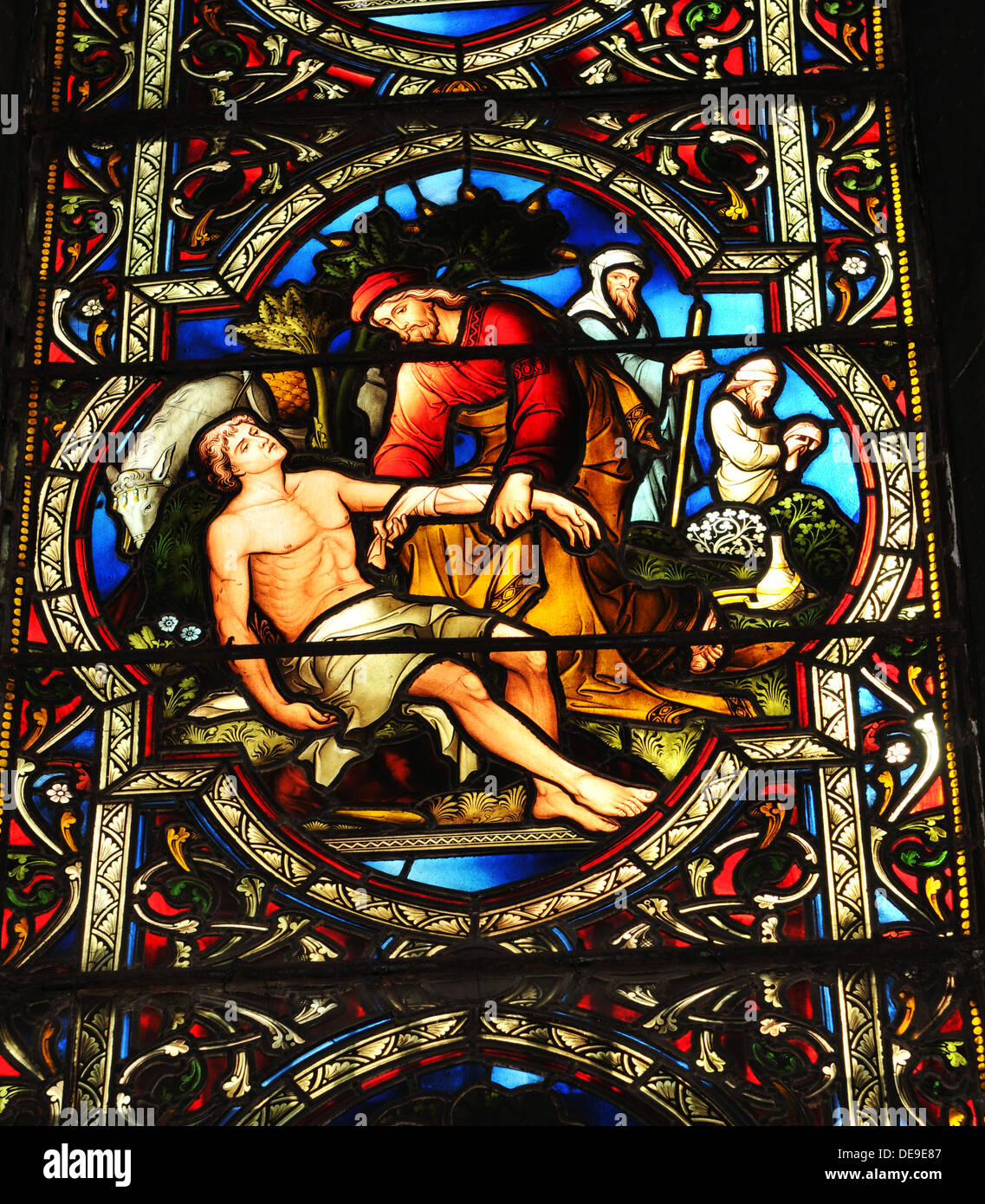 Colorful stained glass depicting religious scene in Dublin, Ireland