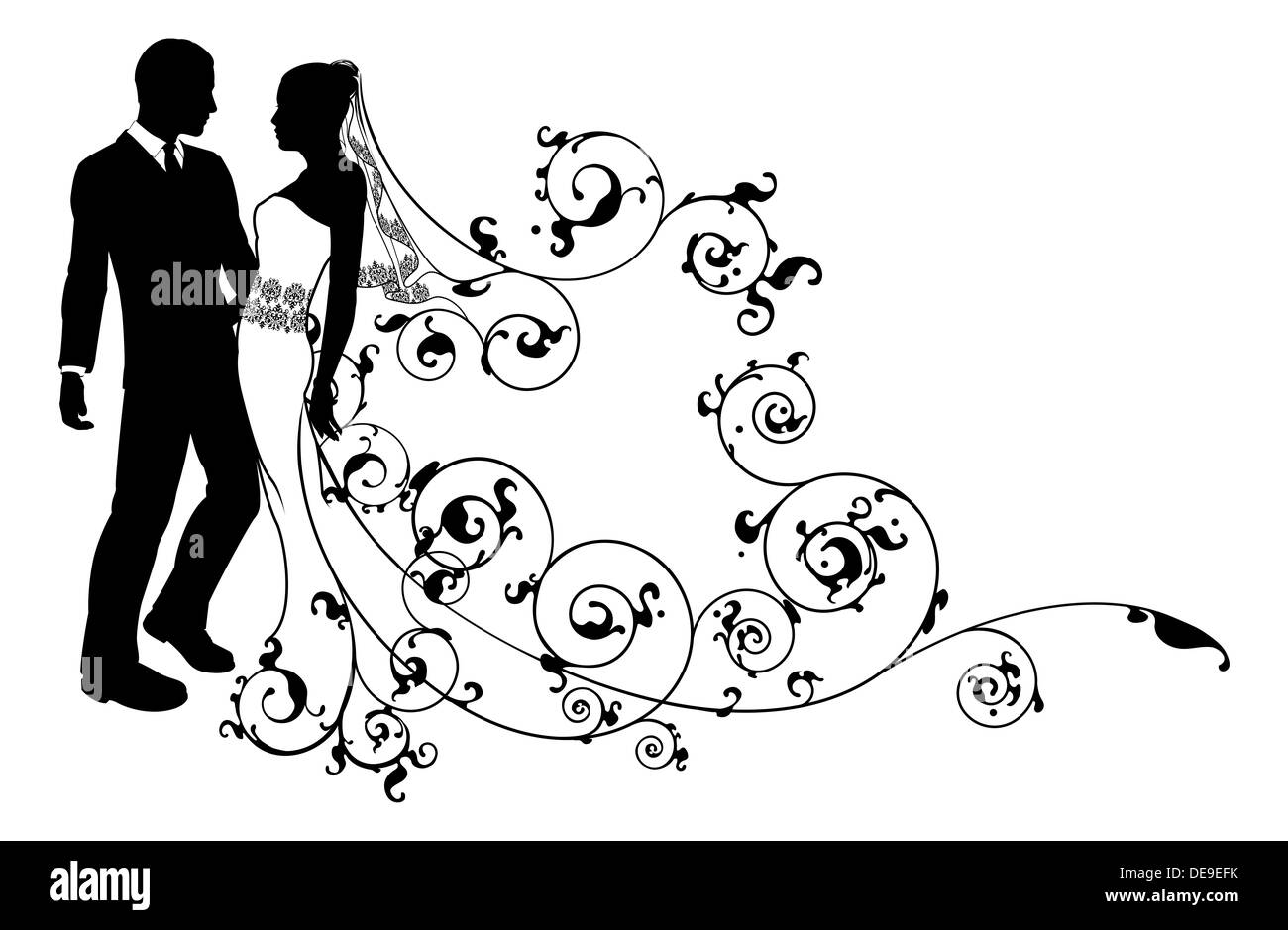 Bride and groom wedding couple in silhouette with abstract floral pattern. Could be having their first dance. Stock Photo