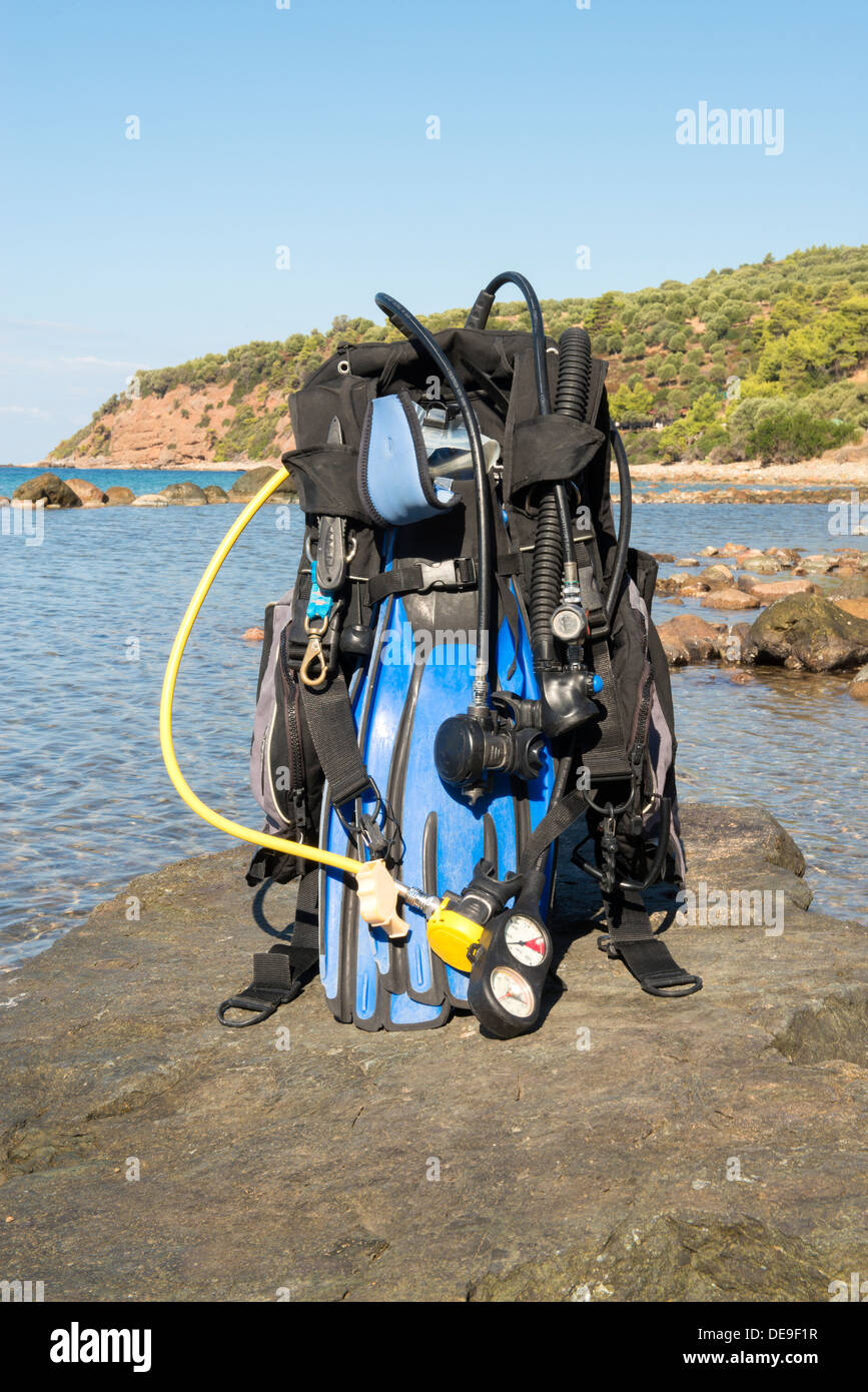 Set of Scuba Diving kit set up ready for a dive Stock Photo Alamy