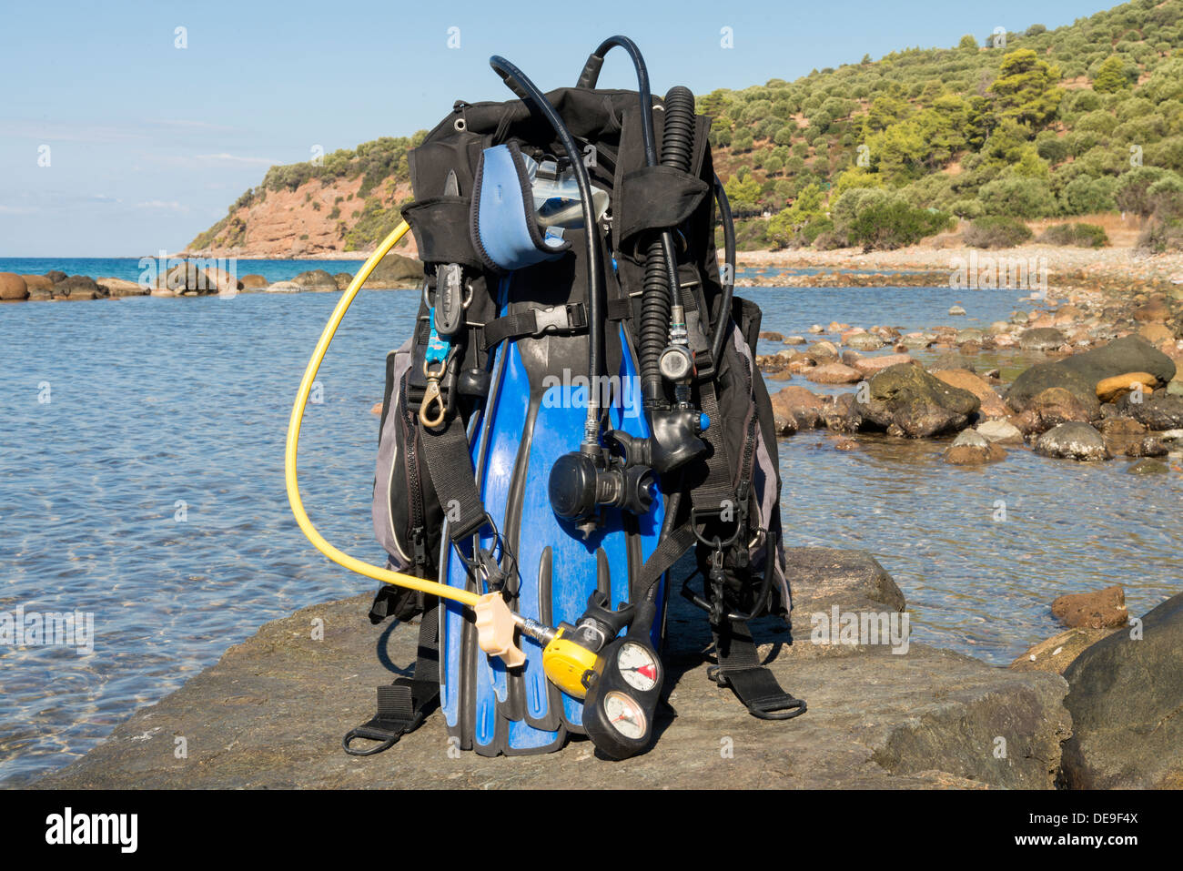 Set of Scuba Diving kit set up ready for a dive Stock Photo Alamy