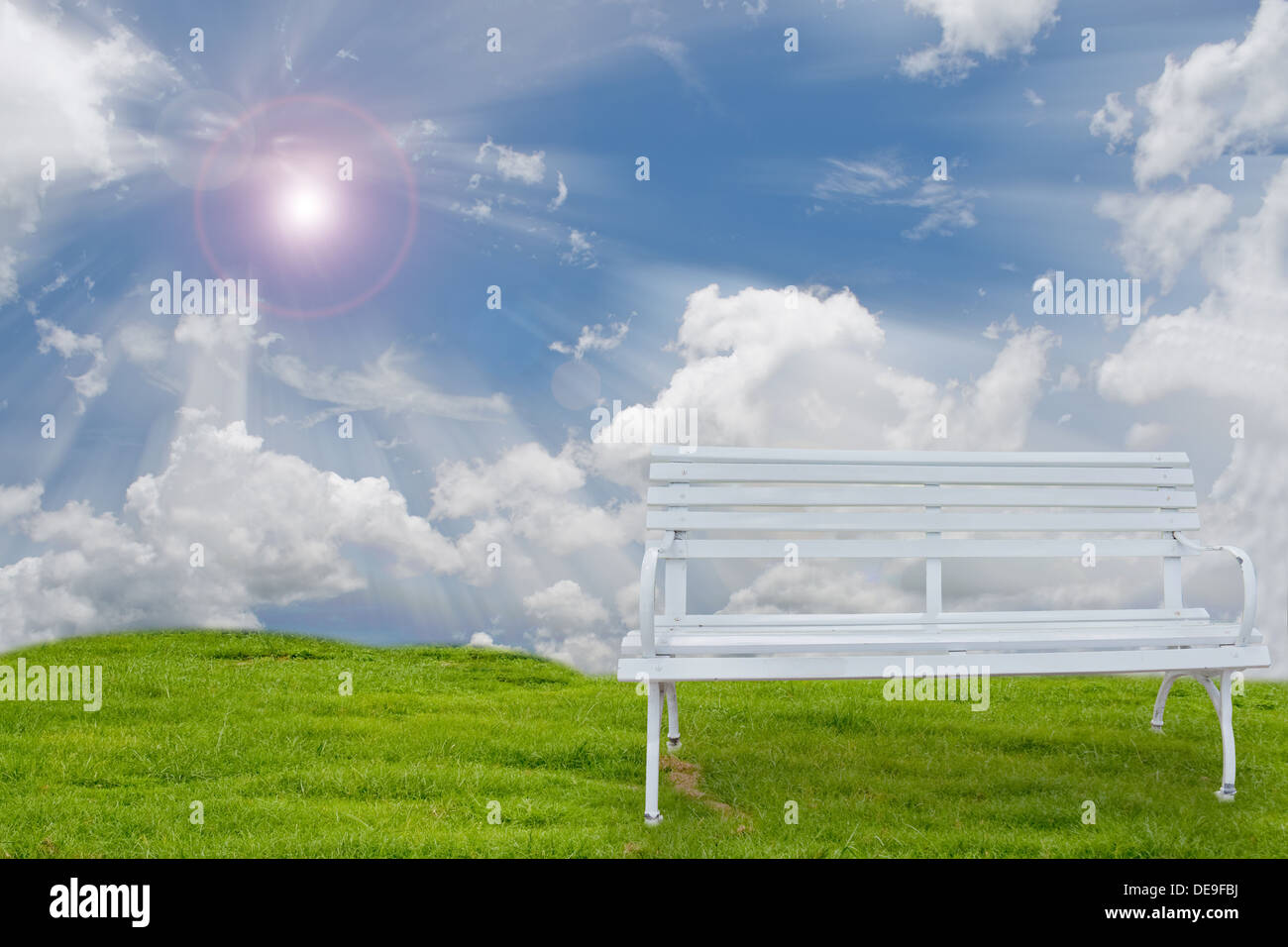 Background Beautiful Bench Blue Bright Bush Chair Clear Clouds Copy Country Field Flower Fresh Garden Grass Green Landscape Lawn Stock Photo Alamy
