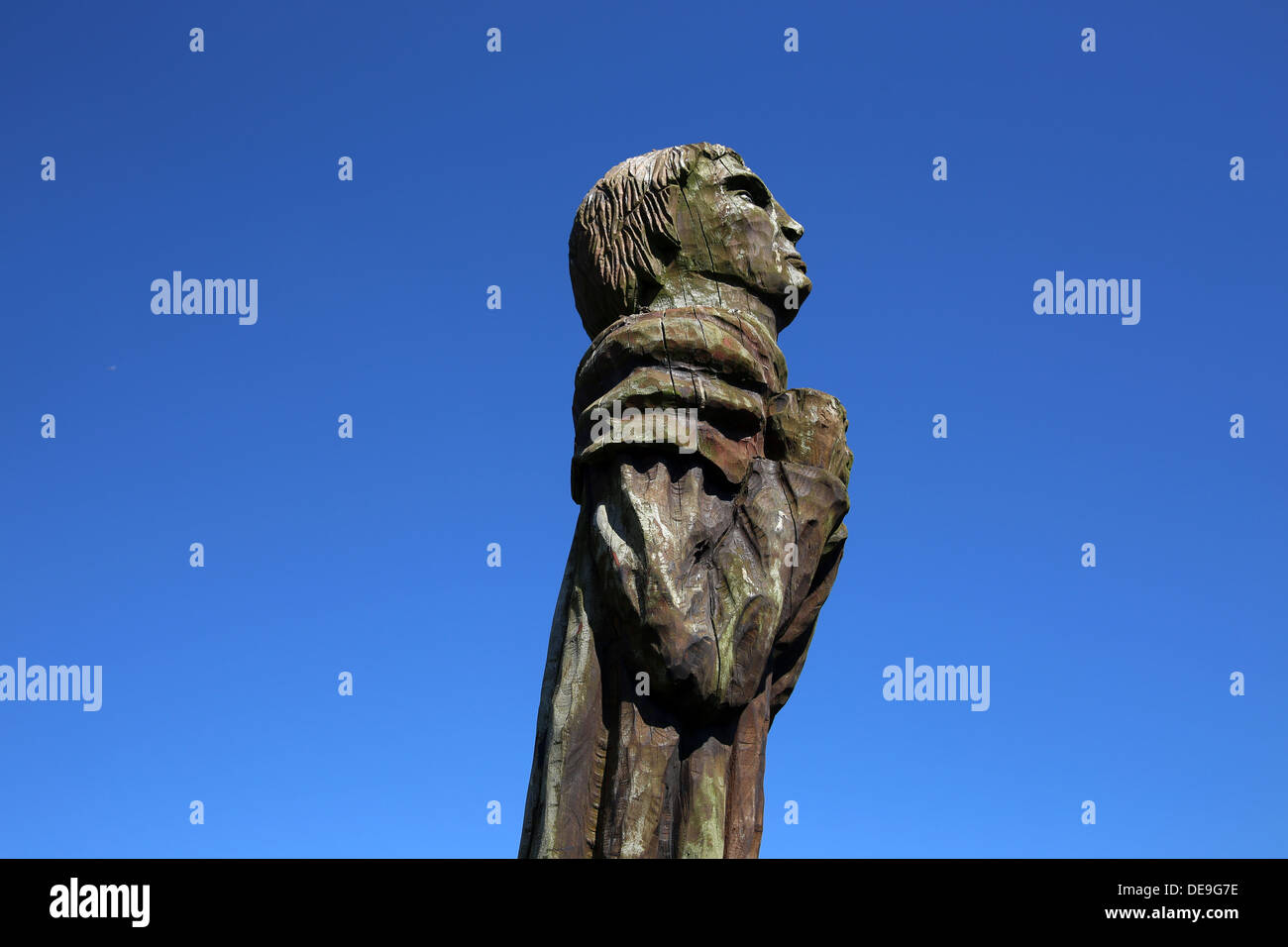 Detail from a carved sculpture of Wat Tyler, by Robert Koenig, at the Wat Tyler Country Park in Pitsea, near Basildon, Essex Stock Photo