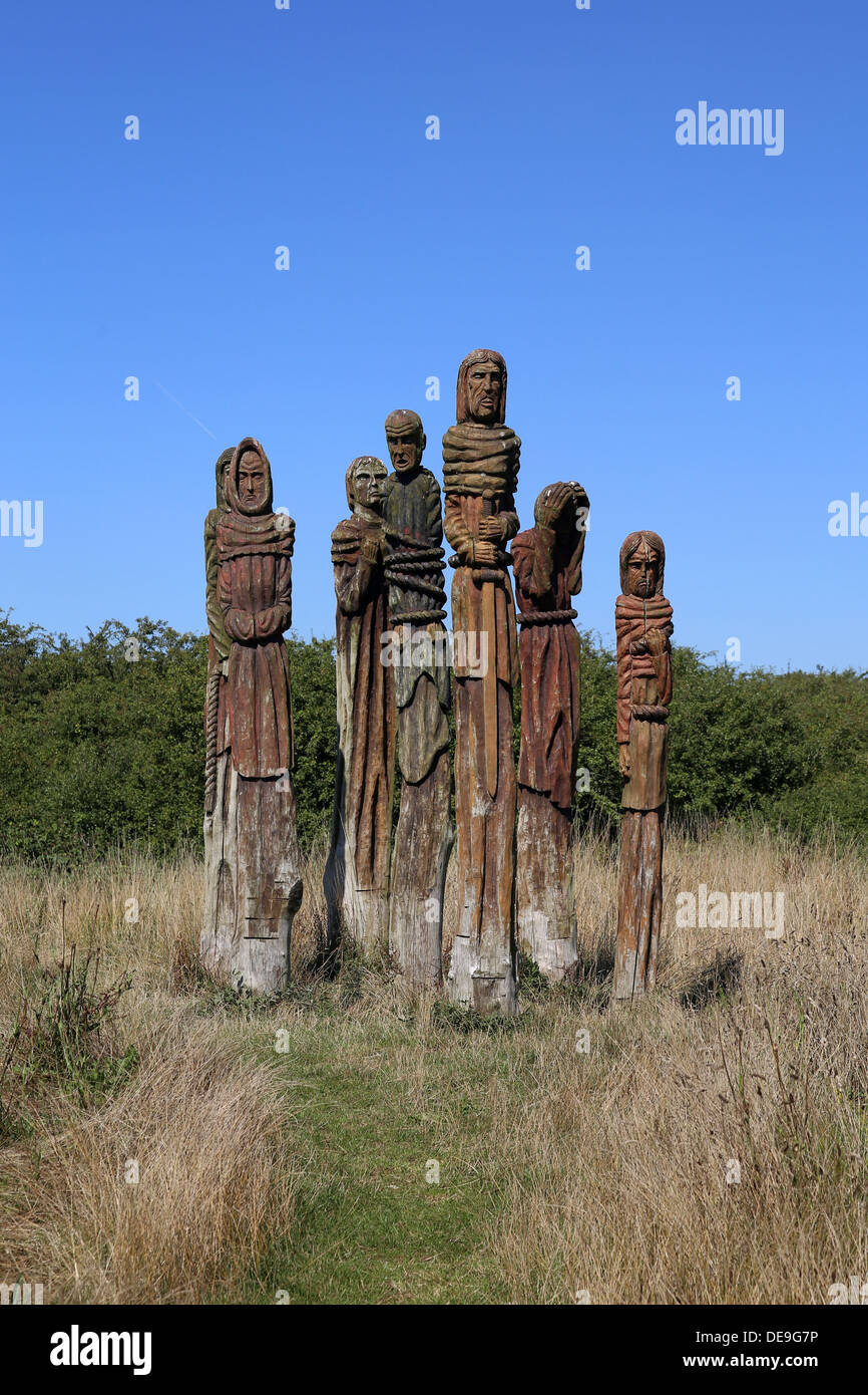 Carved sculpture of Wat Tyler and his followers, by Robert Koenig, at the Wat Tyler Country Park in Pitsea, near Basildon, Essex Stock Photo