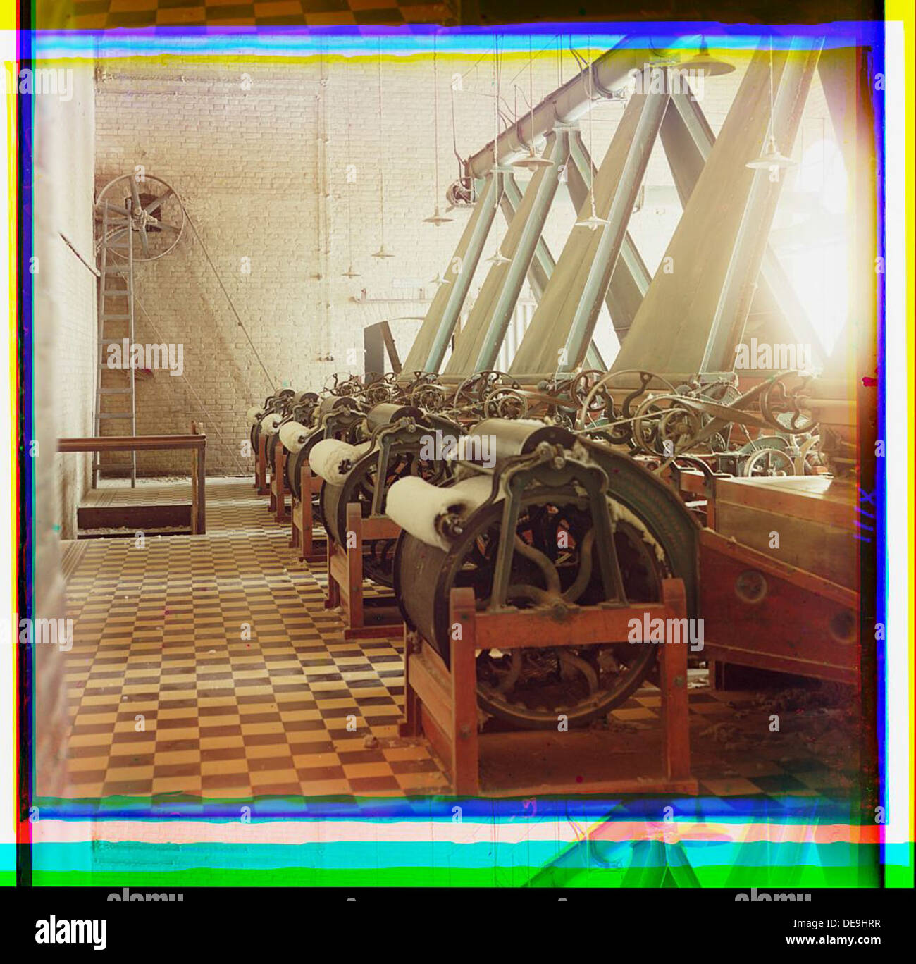 [Cotton textile mill interior with machines producing cotton thread, probably in Tashkent] (LOC) Stock Photo