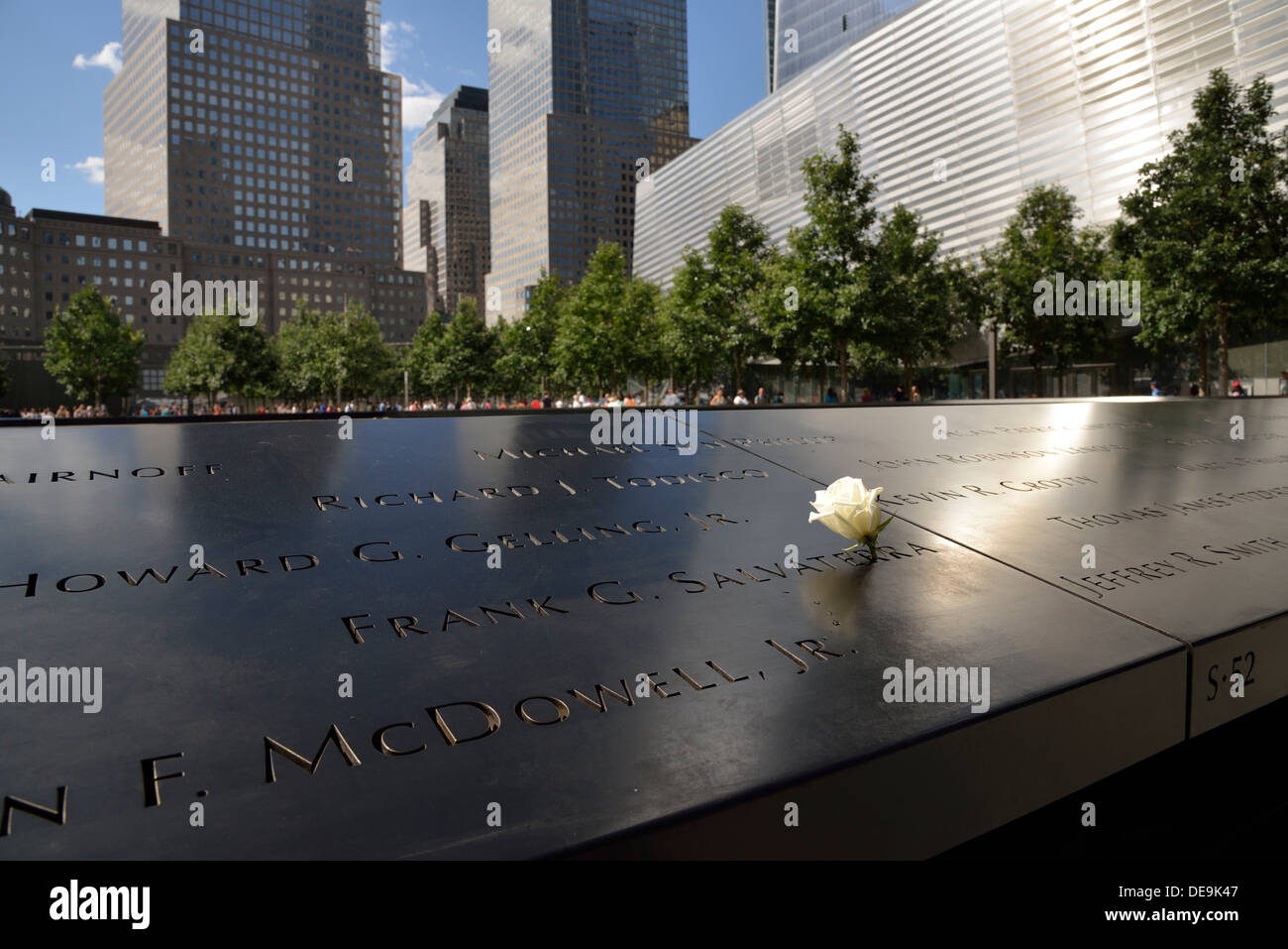 Bronze Plates with Victims Names, National September 11 Memorial, Manhattan, New York City, New York, USA Stock Photo