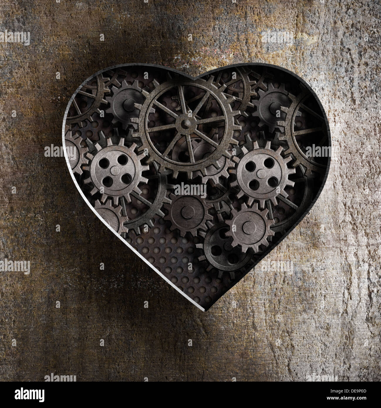 metal heart with rusty gears and cogs Stock Photo