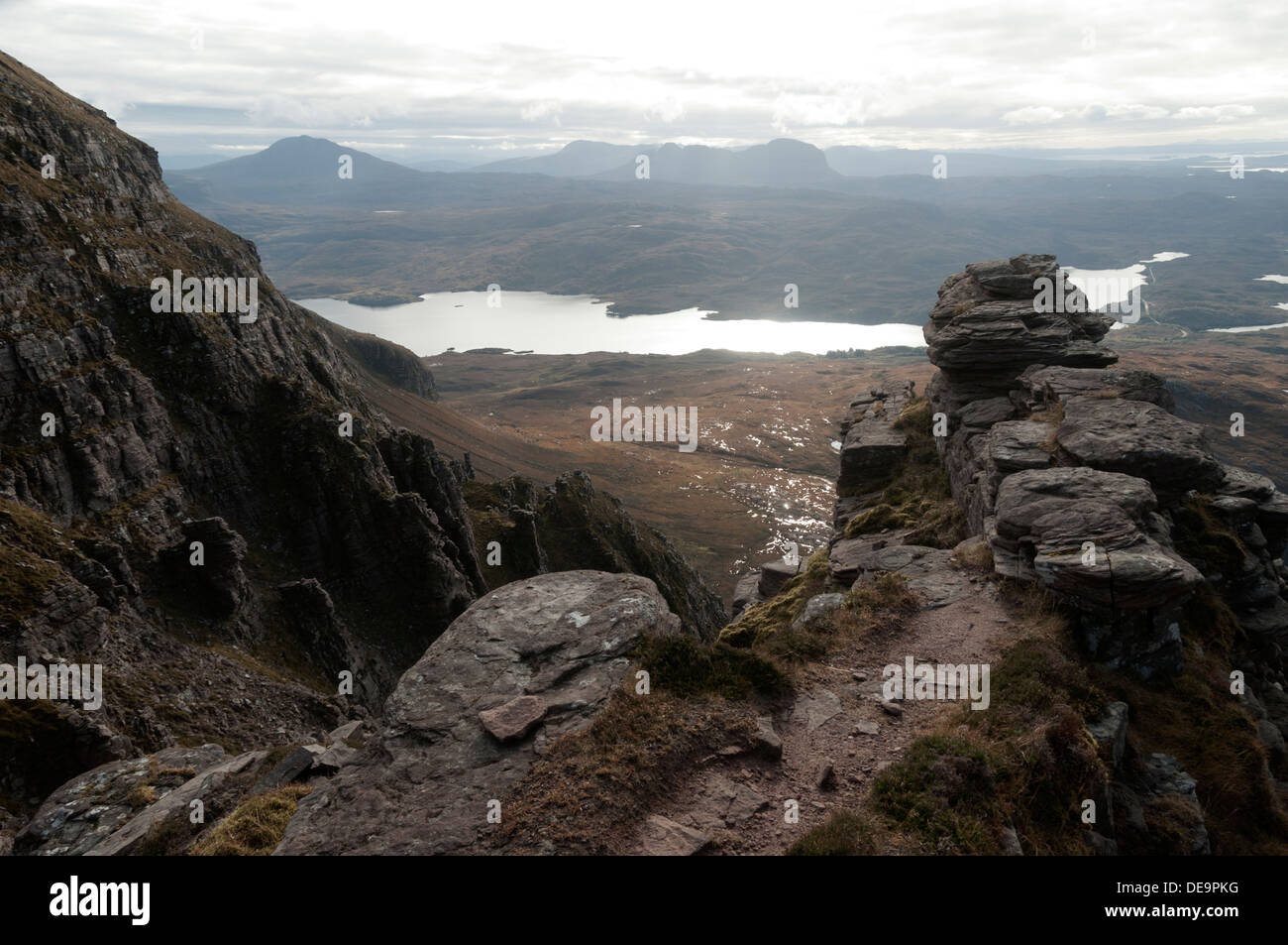 Canisp and Suilven over Loch Assynt from the ridge of Quinag, Sutherland, Scotland, UK Stock Photo