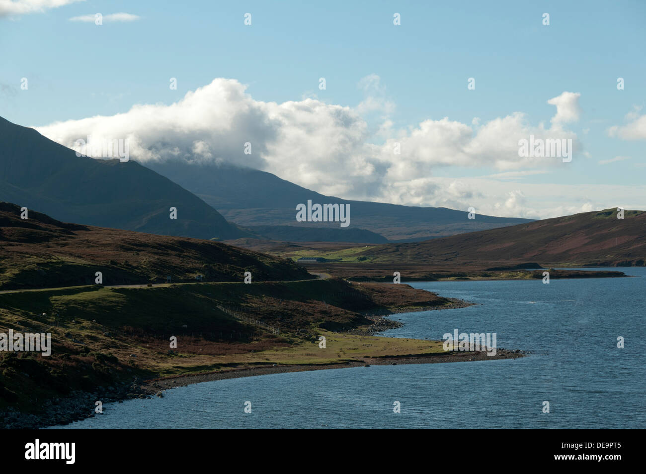 Foinaven (in cloud) over the Kyle of Durness from Keoldale, near Durness, Sutherland, Scotland, UK. Stock Photo