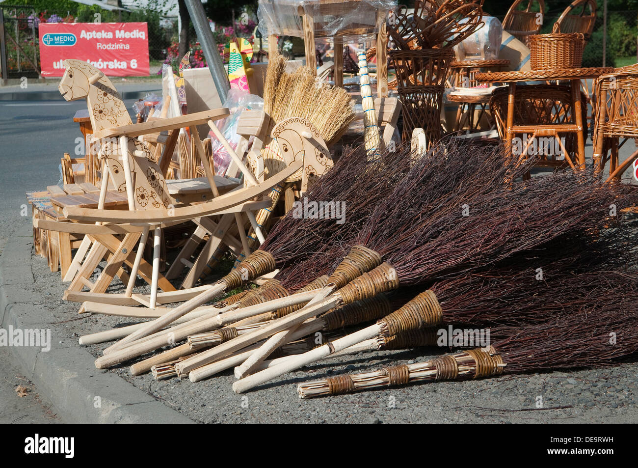 Besoms for sale at local farmers market in Wadowice, Poland. Stock Photo