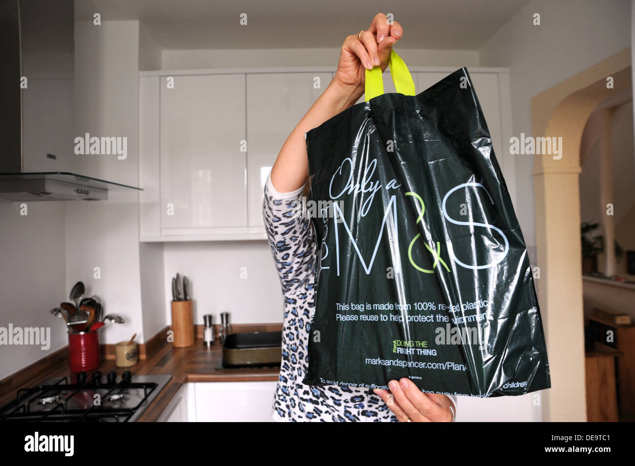 A Marks and Spencer M&S plastic bag which is made from recycled