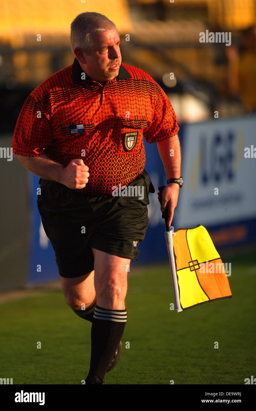 Kennesaw, Georgia.  USA.   September 13, 2013.   Referee Mark Bernat (Alpharetta GA) works the sideline during Ole Miss' 2-1 win over Kennesaw State at Fifth Third Bank Stadium.  Women's NCAA Division I Soccer. Stock Photo