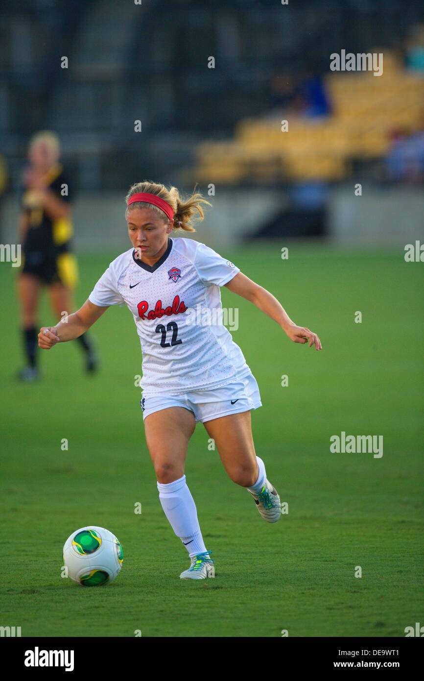 Kennesaw, Georgia.  USA.   September 13, 2013.   Jennifer Miller (22) dribbles the ball during Ole Miss' 2-1 win over Kennesaw State at Fifth Third Bank Stadium.  Women's NCAA Division I Soccer. Stock Photo